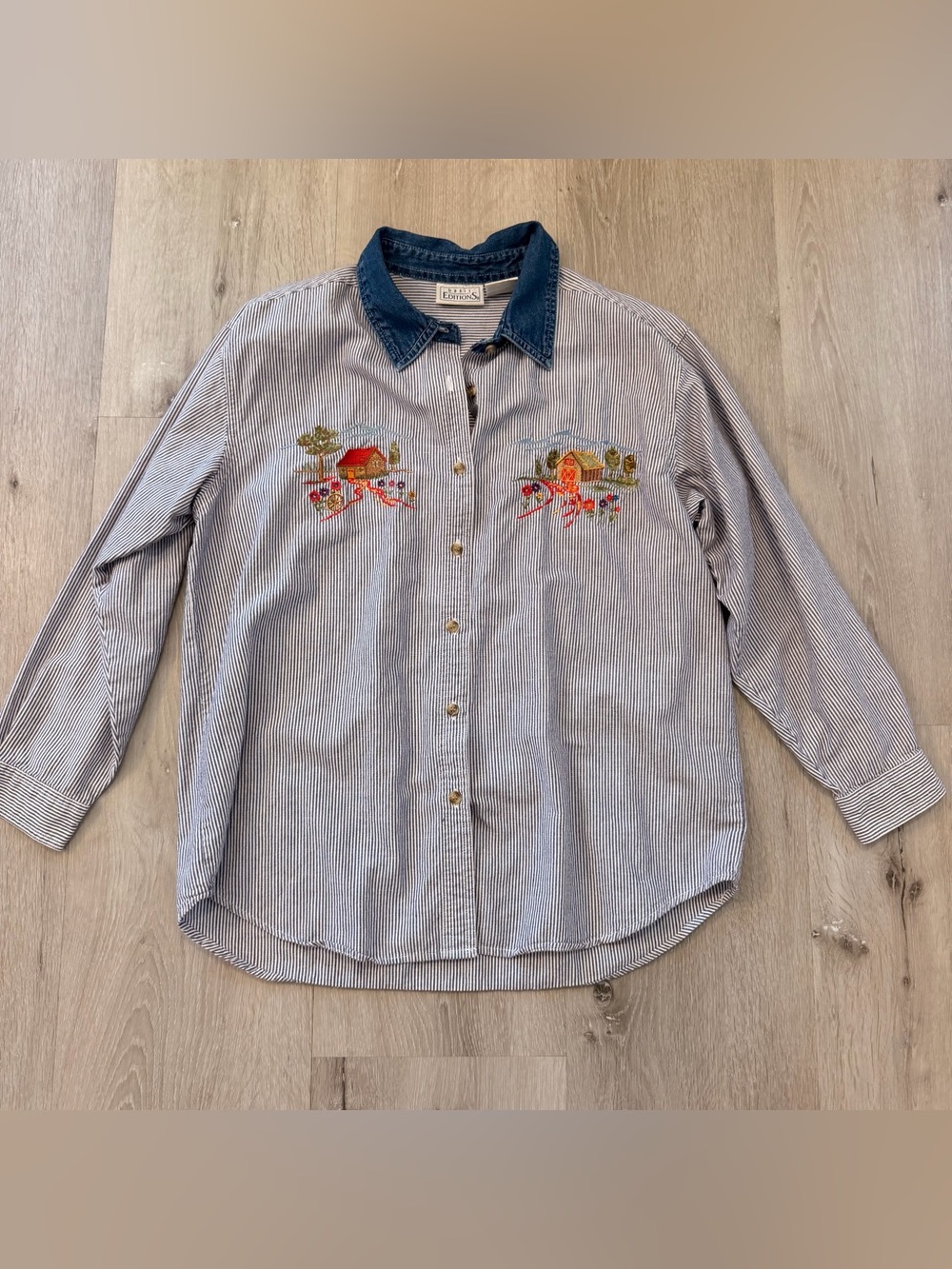 Basic Editions Cottagecore Cabin Embroidered Pinstripe Shirt Large Vintage